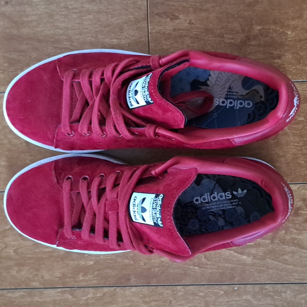Adidas Stan Smith red suede women's size 7.5. Good condition. Minor scuffs.